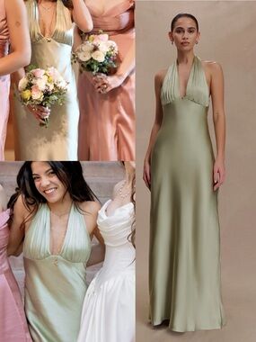 Elegant Sage Green Satin Halter Dress